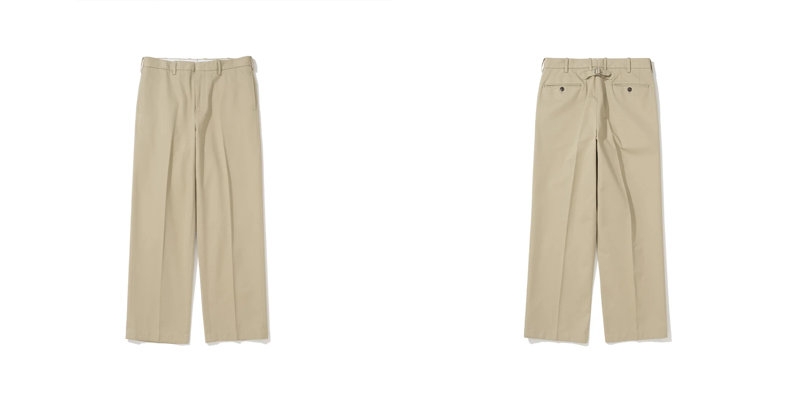 Cinch back chino history revival — Renacts Garment Washed Pipe Stem [Light Beige] front and back showing restored functional cinch back buckle