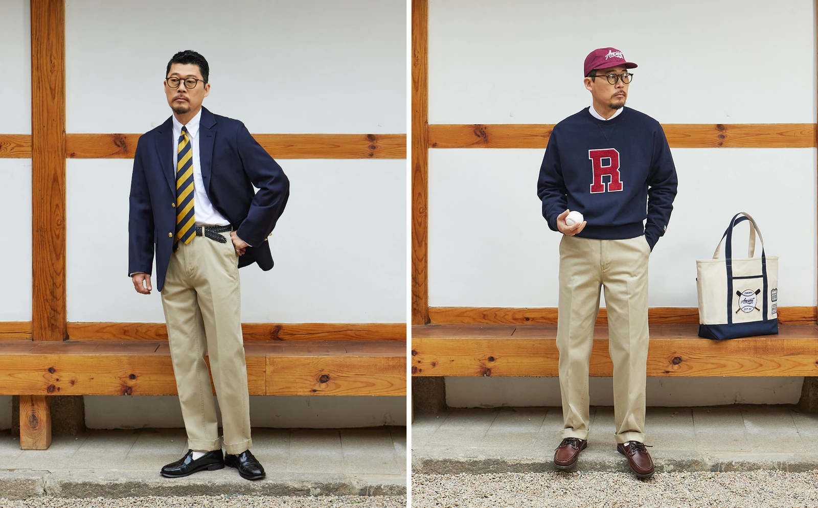 Cinch back chino history modern Korean Ivy revival — Renacts Light Beige Pipe Stem styled with navy blazer and collegiate sweatshirt
