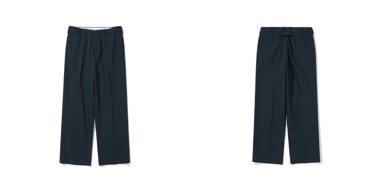 Cinch back chino history revival in navy — Renacts Garment Washed Pipe Stem [Navy] front and back with the same 1950s cinch back detail