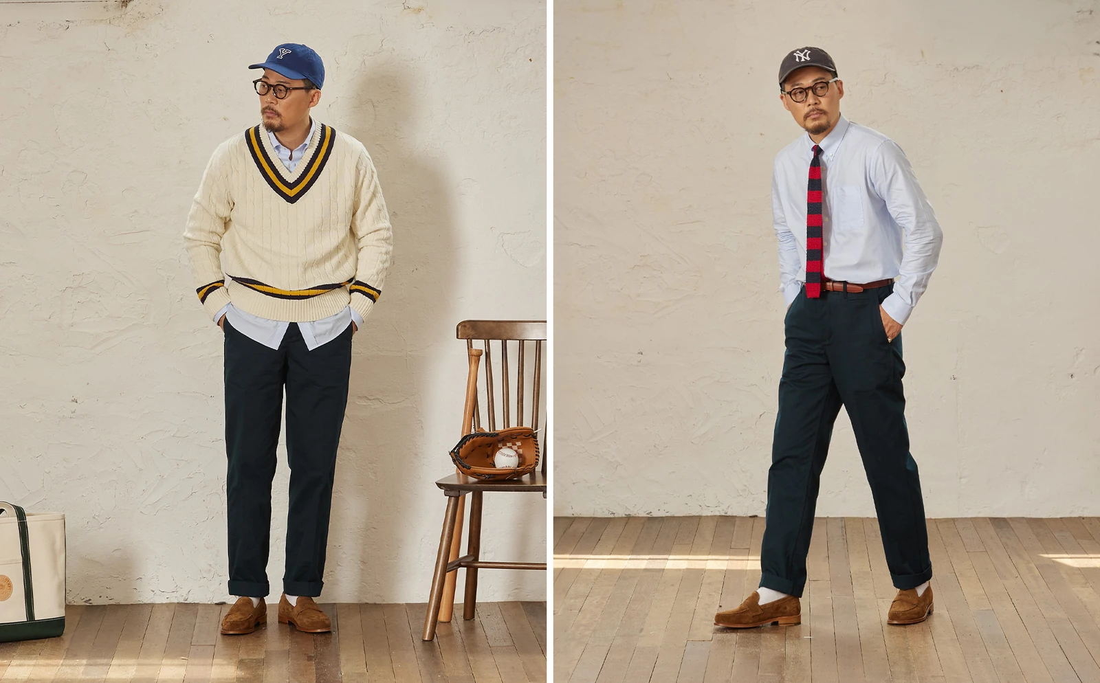 Cinch back chino history meets Seoul — Renacts Navy Pipe Stem styled with cricket sweater and OCBD plus knit tie in Korean Ivy registers