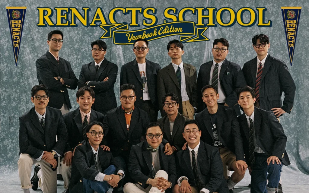 Cinch-back chino outfit hero — Renacts School Yearbook Edition group portrait of Seoul Trad team in Ivy uniforms with blazers, OCBDs, knit ties, and Pipe Stem chinos