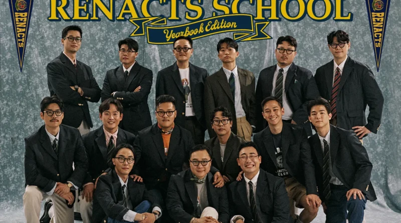 Cinch-back chino outfit hero — Renacts School Yearbook Edition group portrait of Seoul Trad team in Ivy uniforms with blazers, OCBDs, knit ties, and Pipe Stem chinos