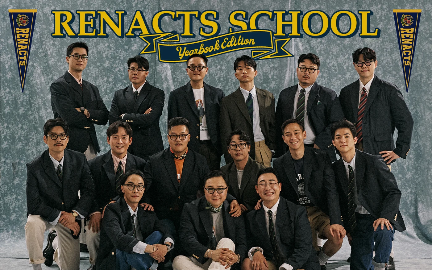 Cinch back chino outfit hero — Renacts School Yearbook Edition group portrait of Seoul Trad team in Ivy uniforms with blazers, OCBDs, knit ties, and Pipe Stem chinos