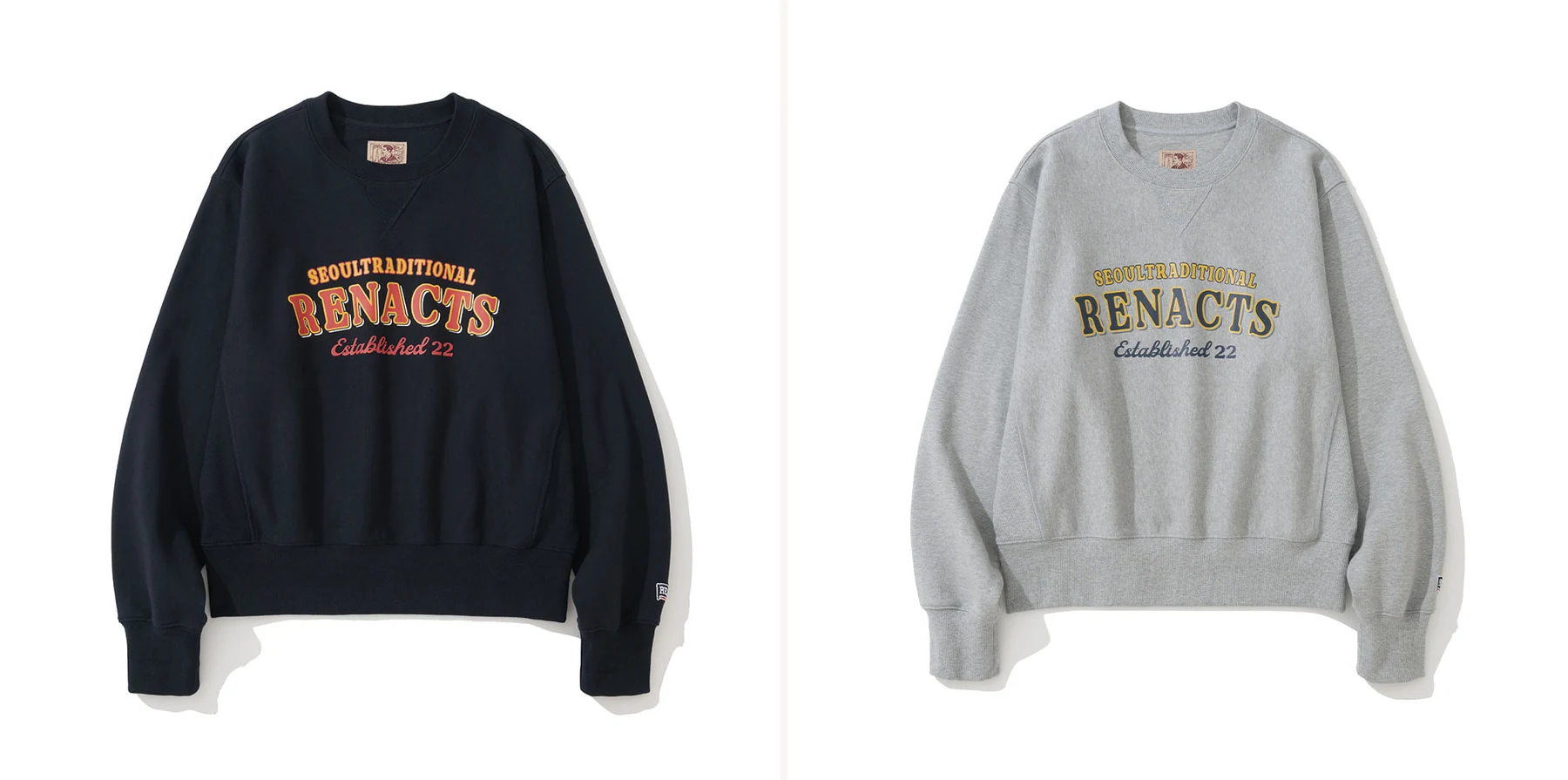 Renacts Seoul Trad Ivy Sweatshirt — Navy and Grey colorways with SEOULTRADITIONAL RENACTS Established 22 varsity script graphic