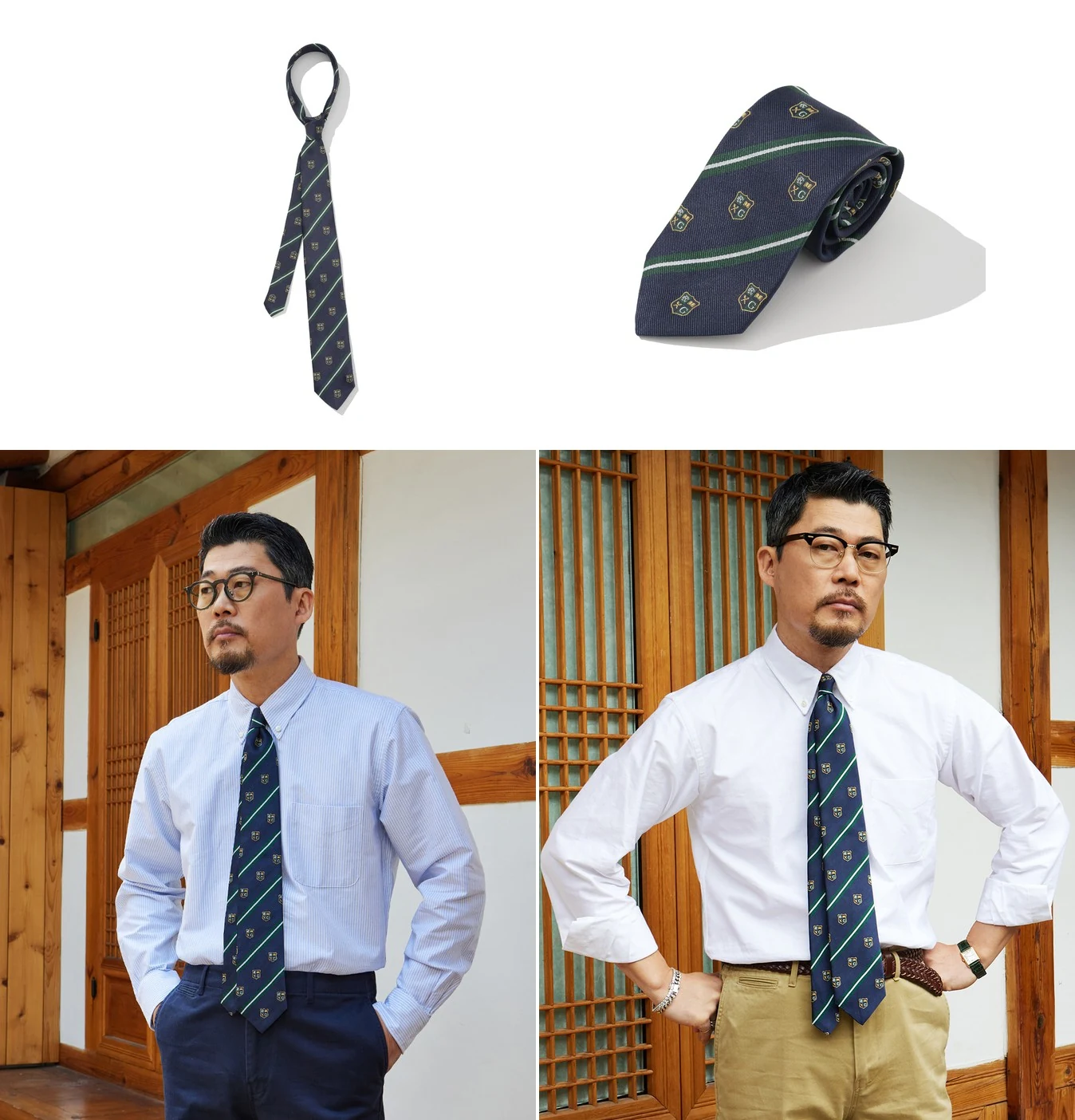 Renacts Regimental Crest Silk Rep Tie in Green Navy — green and navy repp with embroidered crest in 100% silk