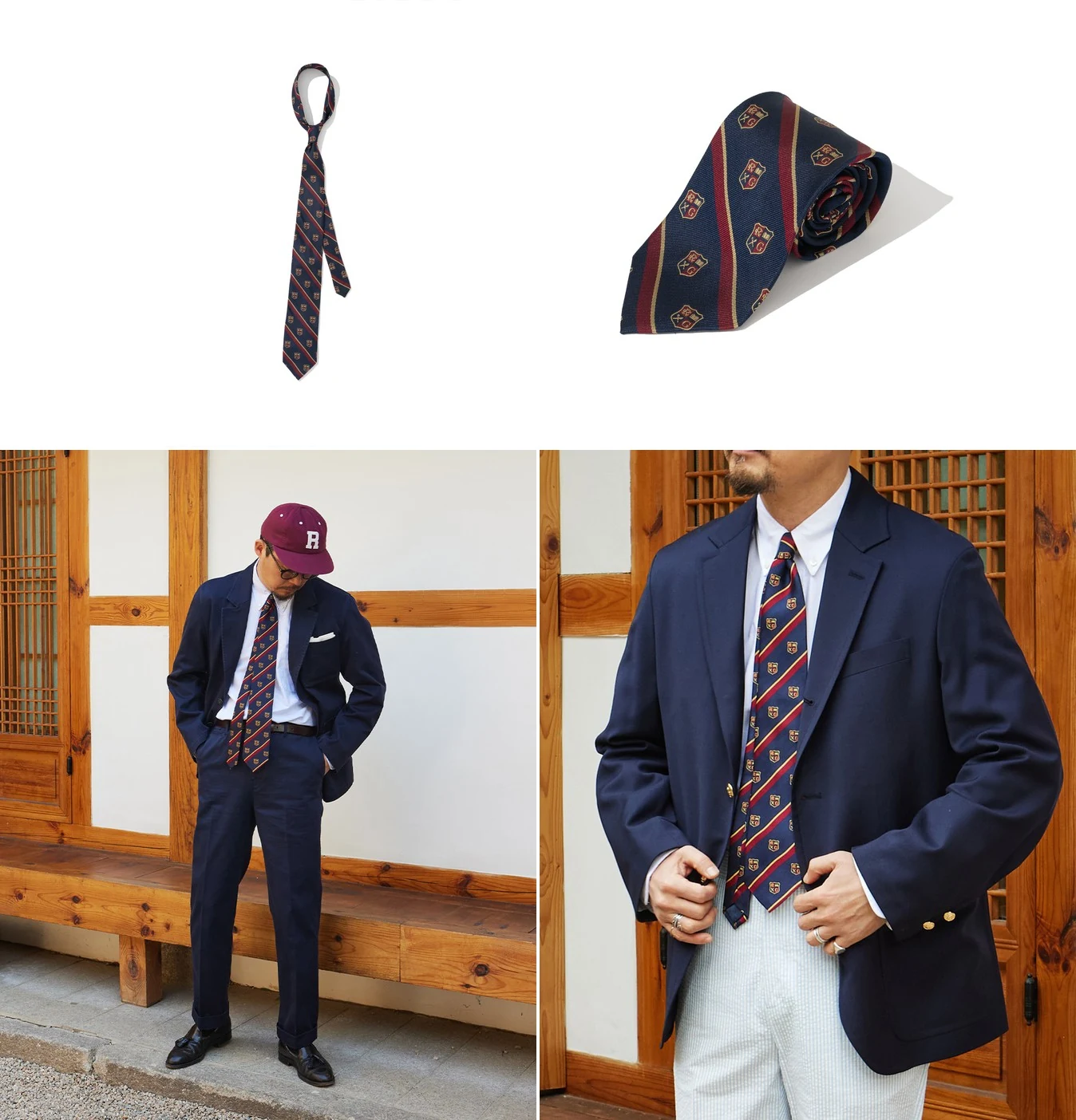 Renacts Regimental Crest Silk Rep Tie in Red Navy — repp stripe with embroidered club-style crest, 100% silk, styled under navy blazer