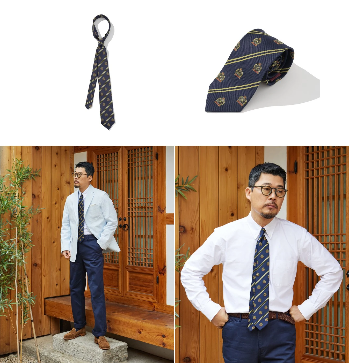 Renacts Regimental Crest Silk Rep Tie in Yellow Navy — yellow and navy repp with embroidered crest in 100% silk