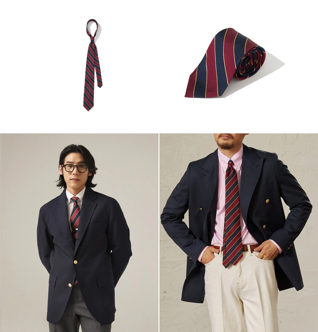 Renacts Regimental Silk Rep Tie in Red Navy — classic British-derived three-color repp stripe (red, navy, gold accent) in 100% silk, shown rolled and styled under a navy gold-button blazer