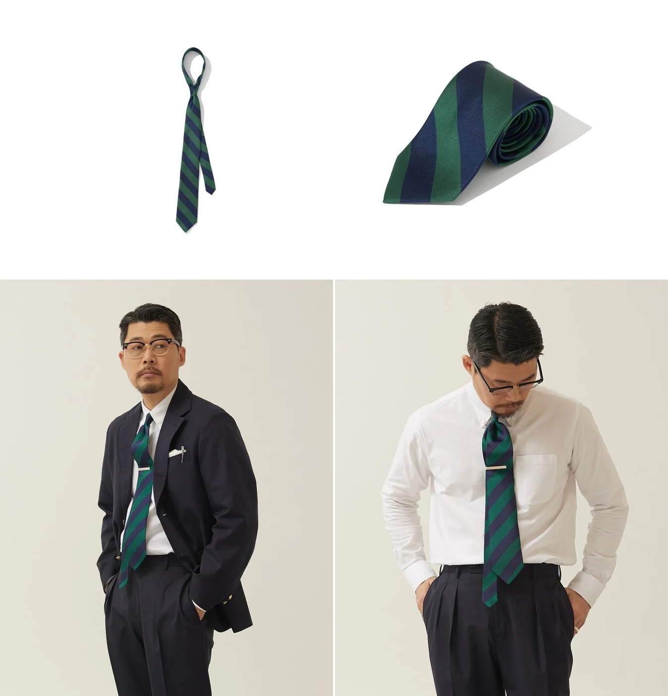 Renacts Two-Tone Regimental Silk Rep Tie in Green Navy — two-color green and navy repp stripe in 100% silk