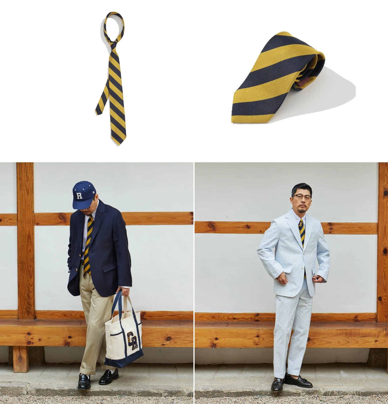 Renacts Two-Tone Regimental Silk Rep Tie in Yellow Navy — two-color yellow and navy repp stripe in 100% silk
