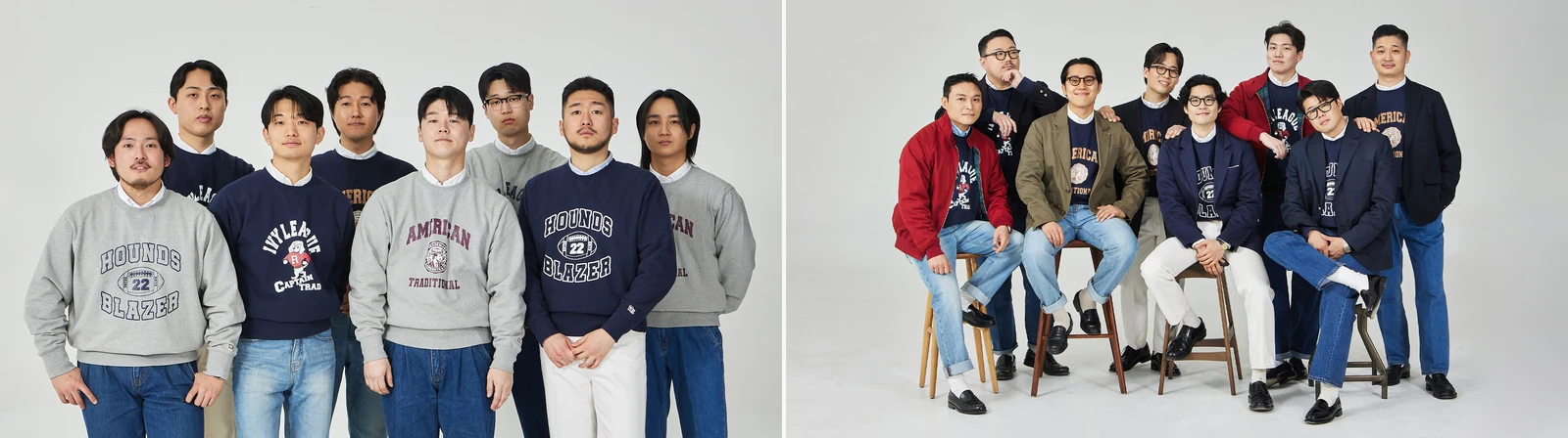 Reverse weave history Gentlemens Club campaign — paired portraits with collegiate styling