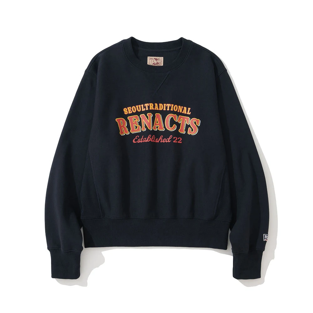 Reverse weave sweatshirt fit reference — Renacts Seoul Trad Ivy Sweatshirt Navy showing shoulder body and sleeve proportions