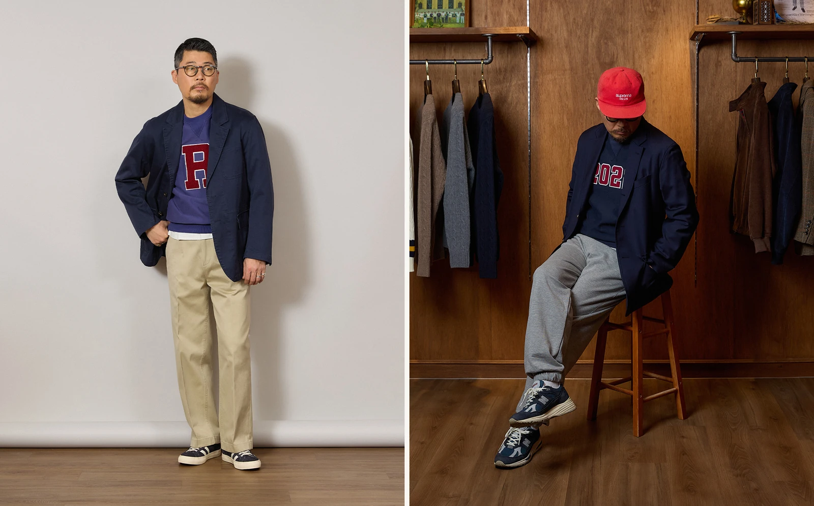 Reverse weave sweatshirt outfit — navy blazer worn over reverse weave sweatshirt without OCBD, with khaki chinos and deck shoes (left) and grey sweatpants set with ball cap and New Balance 991v2 (right)