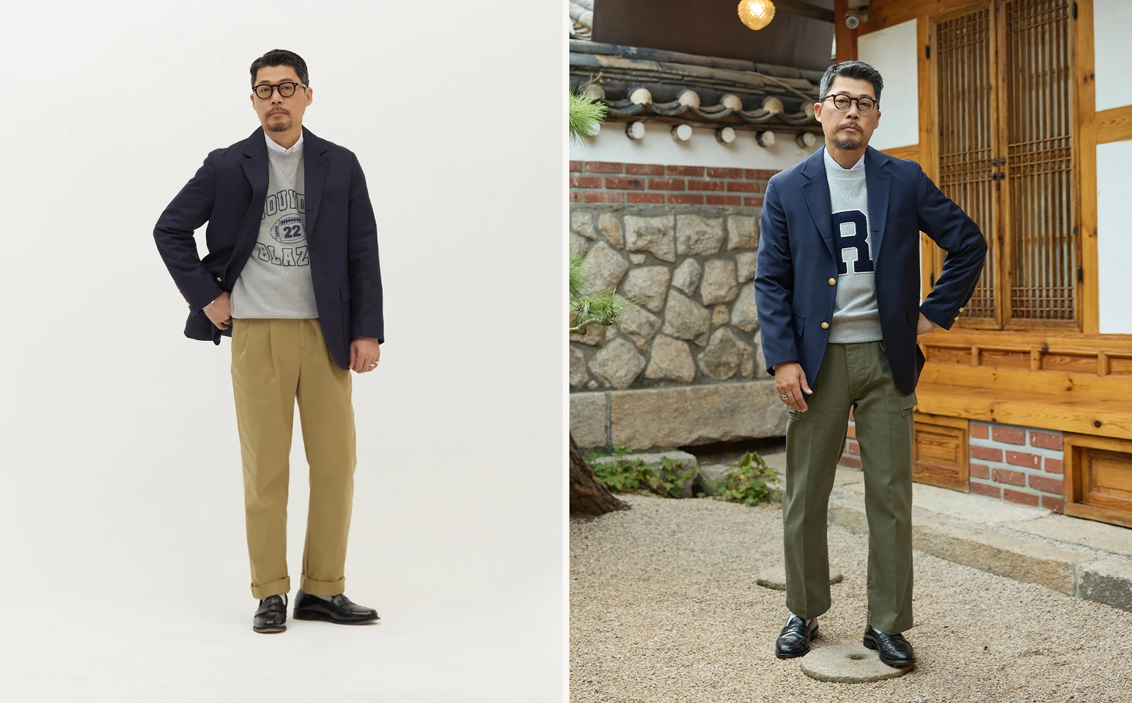 Reverse weave outfit — Layered Ivy Standard with blazer over OCBD over sweatshirt and khaki chinos
