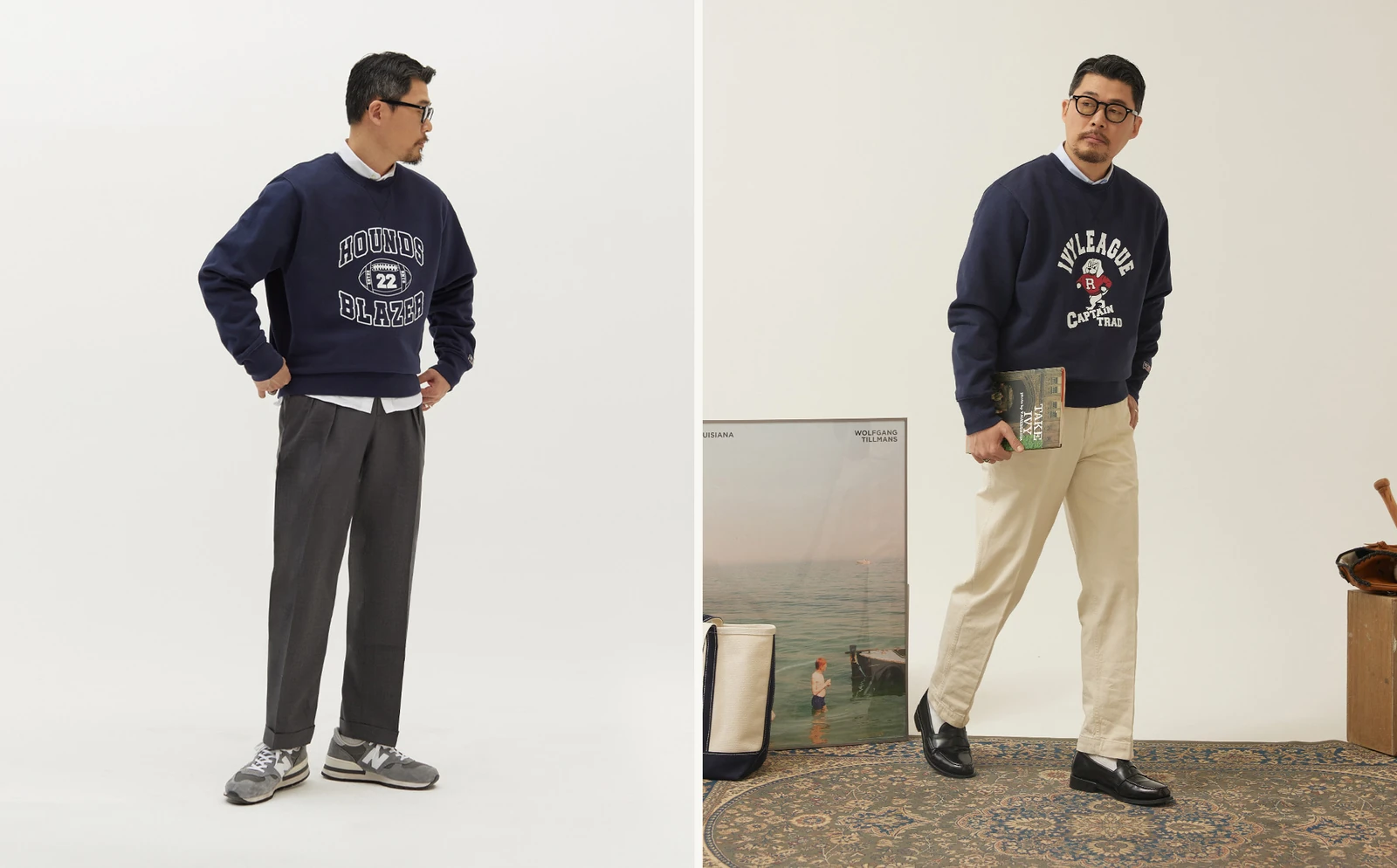 Reverse weave sweatshirt outfit dressed up — sweatshirt over OCBD with charcoal grey wool slacks and grey New Balance 990v1 (left) or ivory chinos with black penny loafers (right)