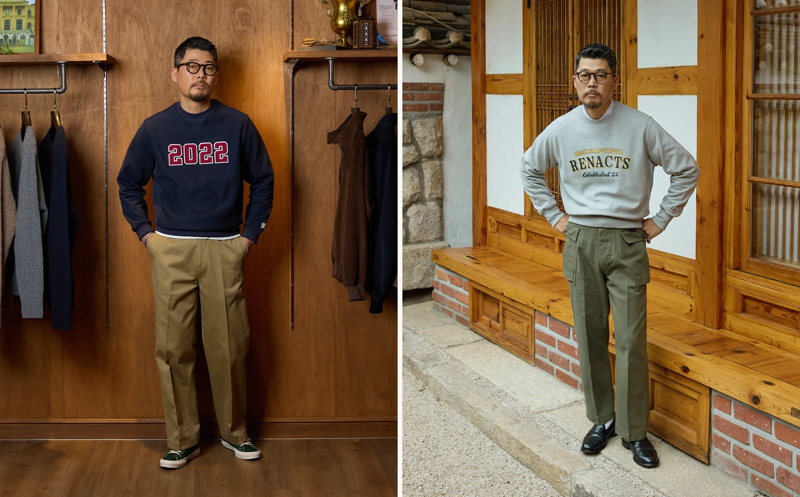Reverse weave sweatshirt outfit — minimal pairing with khaki chinos and deck shoes (left) versus layered military M-1943 HBT trouser with OCBD and black penny loafers (right)