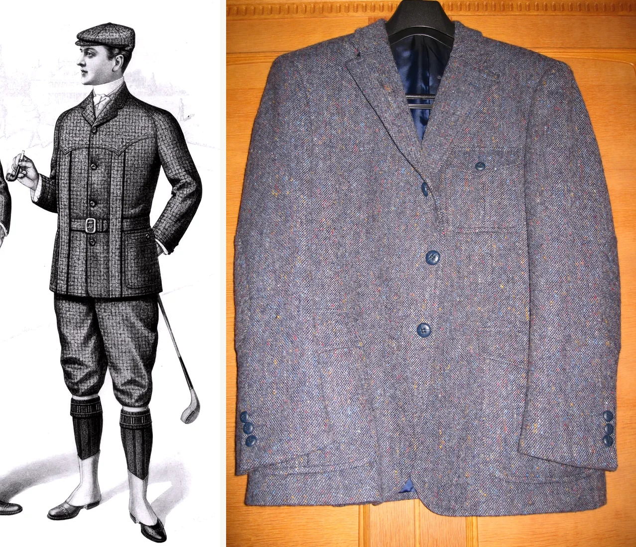 sport coat essentials Norfolk heritage pair: 1901 Sartorial Arts Journal Norfolk jacket fashion plate (left) and modern Donegal tweed Norfolk jacket (right), 125 years of continuity