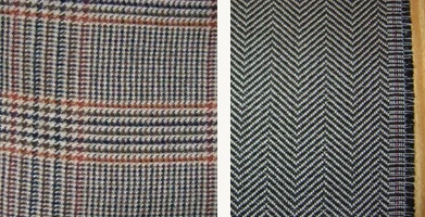 sport coat essentials pattern pair: Glen plaid Glenurquhart check Scottish estate pattern (left) and herringbone broken-twill weave (right), the two most common Trad sport coat patterns