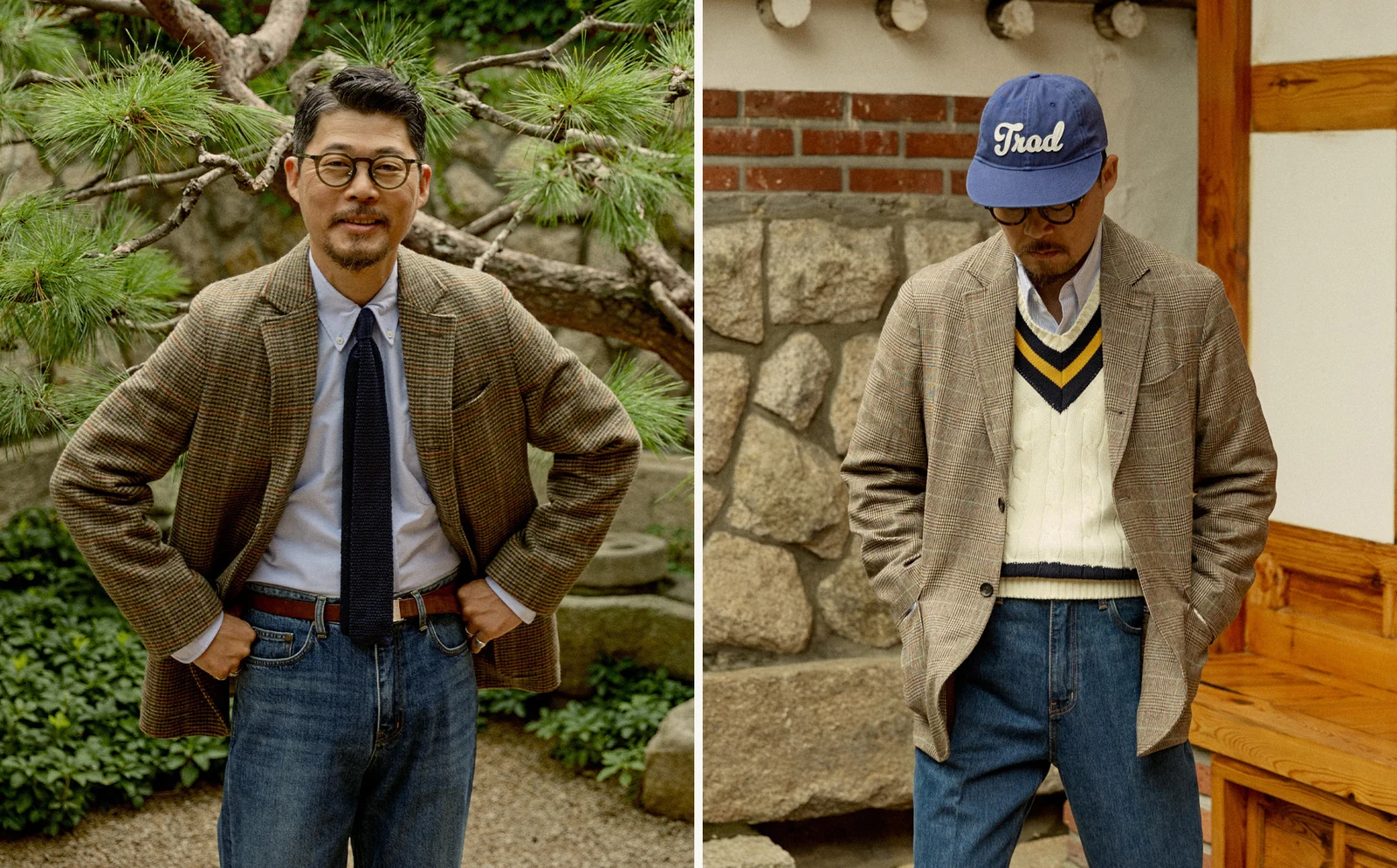 sport coat essentials Seoul context pair: model wearing Gun Club tweed sport coat with navy knit tie OCBD and denim photographed at a hanok pine garden (left) and Glen Check sport coat with cricket V-stripe knit OCBD denim and Trad cap against a hanok brick-and-stone wall (right), American Trad register translated to Seoul