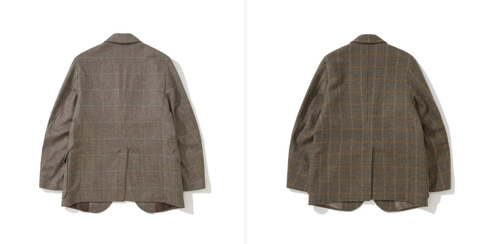 sport coat essentials Tier A Trad sport coat: Abraham Moon Glen Check Tweed Sack Cut Blazer back view (left) and Gun Club Check Sack Cut Blazer back view (right), showing side vents and Sack Cut natural shoulder construction