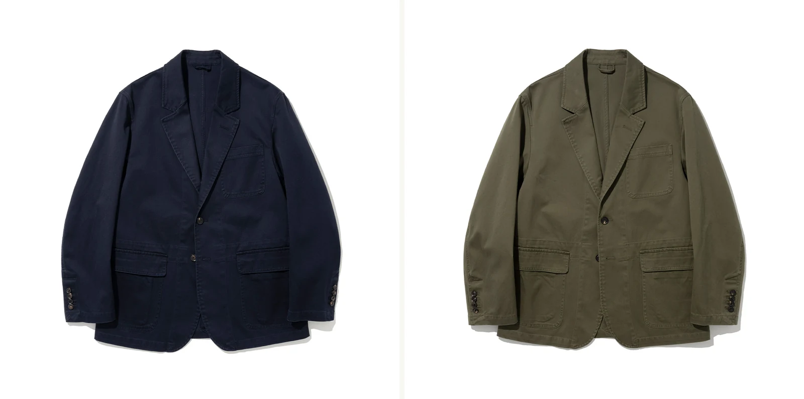 sport coat essentials Tier B cotton soft suit jackets: Garment Washed Sports Jacket Navy front (left) and Khaki front (right), Renacts solid 100% cotton garment-washed jacket category, sold as setup with matching Two Tuck Trousers