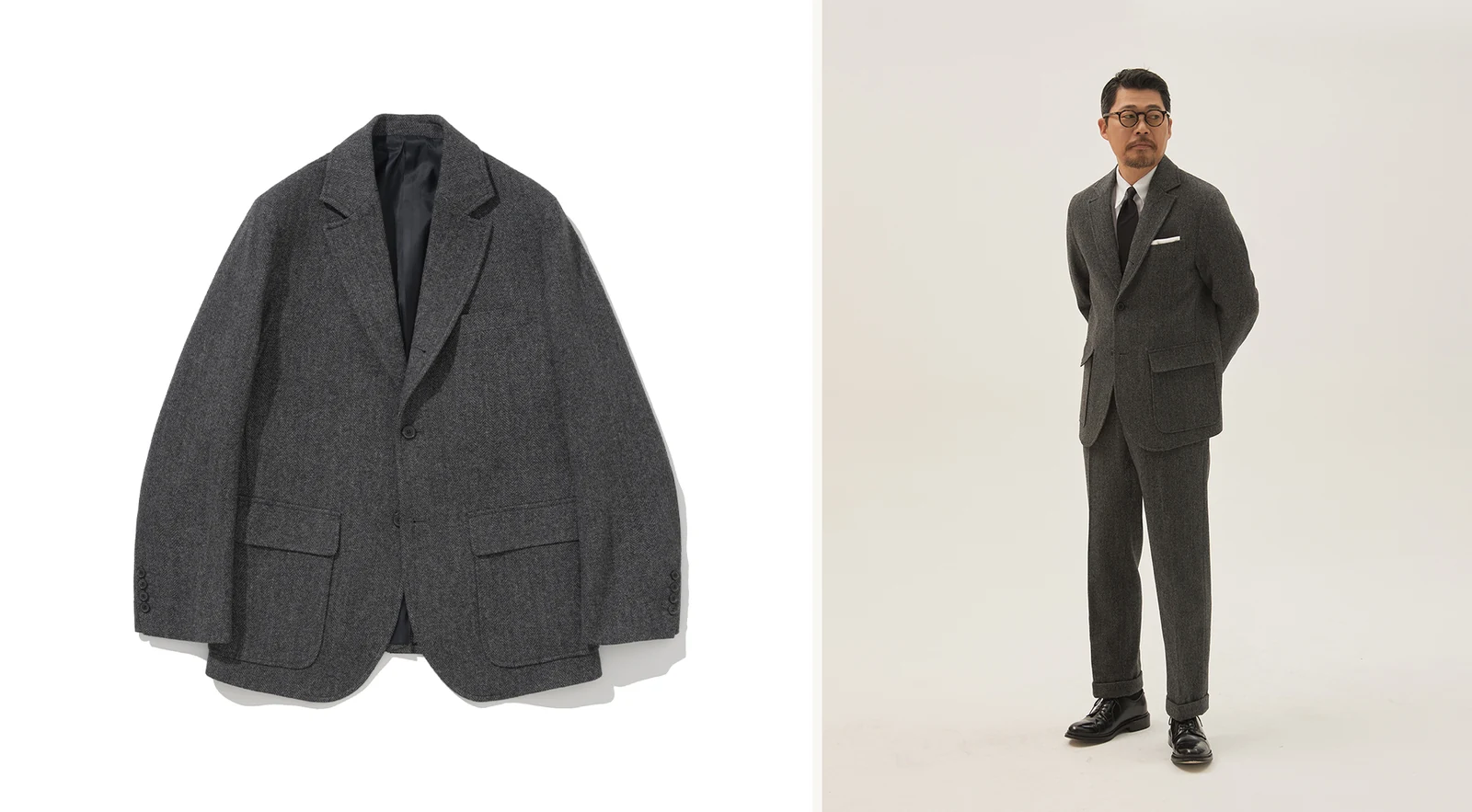 sport coat essentials Tier C country tweed suit: Renacts Herringbone Sack Cut Blazer Grey product flat lay (left) and same jacket in matched suit configuration with grey Two Tuck Trousers OCBD black tie and black derby (right), the dual-use Trad country suit