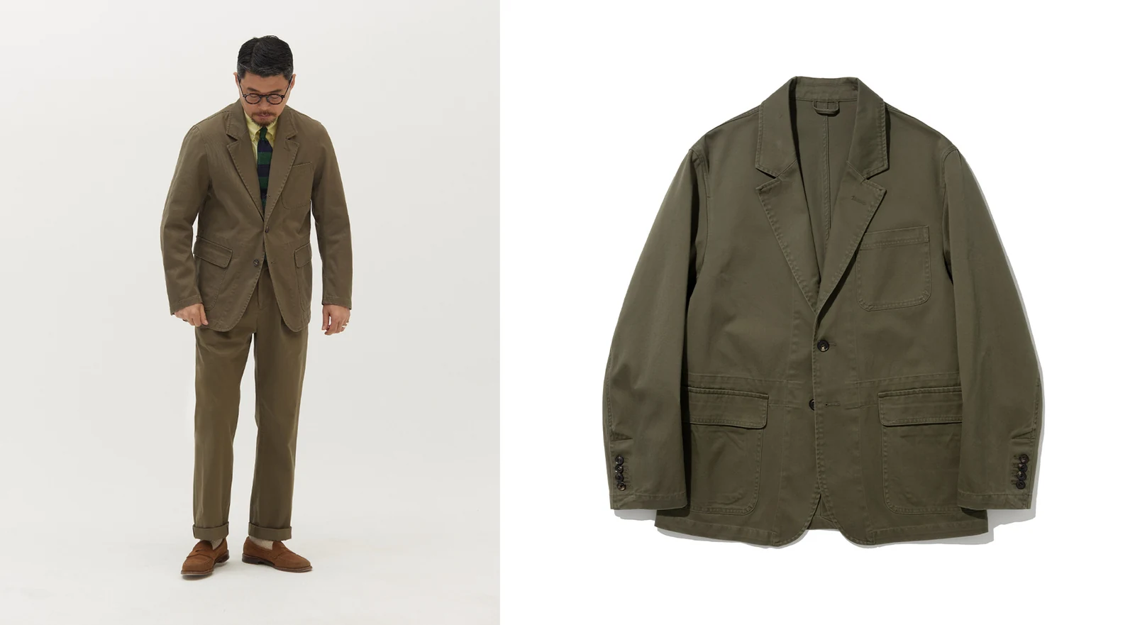 sport coat outfit 4 — full styled look with Renacts Garment Washed Sports Jacket Khaki and matching Garment Washed Two Tuck Trousers OCBD knit tie suede penny loafer left next to the jacket product front view right