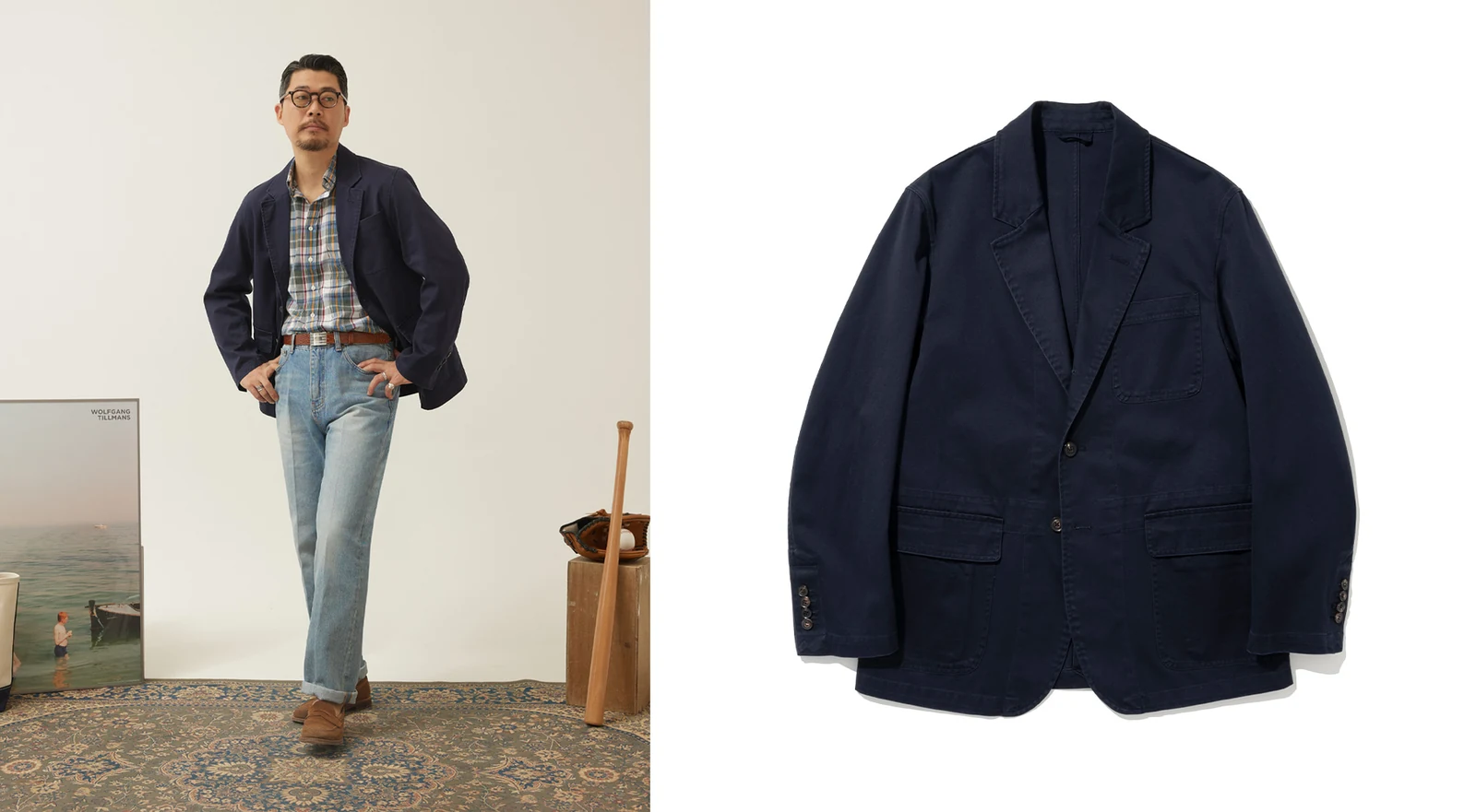sport coat outfit 5 — full styled look with Renacts Garment Washed Sports Jacket Navy alone with madras shirt dark denim and suede penny loafer left next to the jacket product front view right
