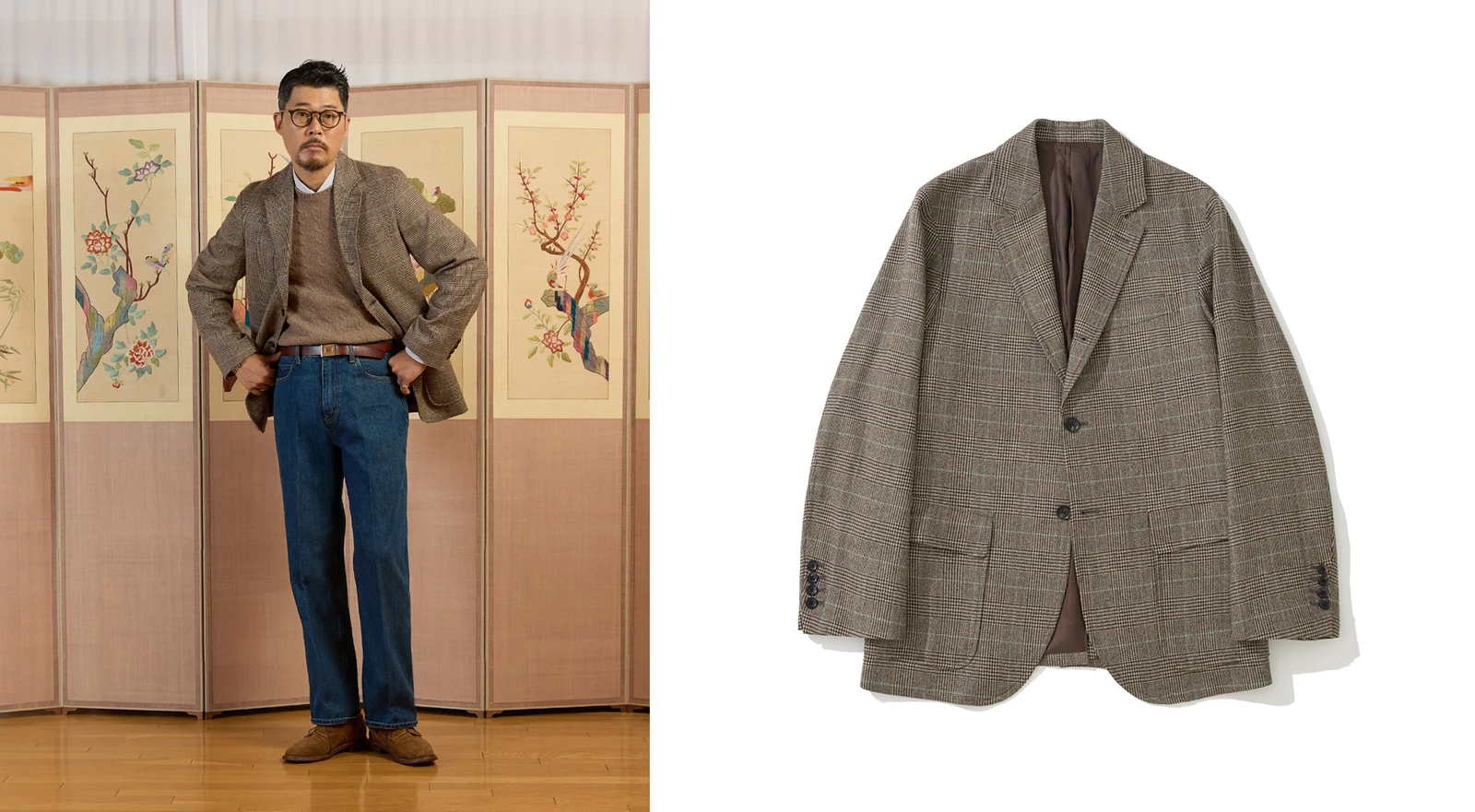 sport coat outfit 1 — full styled look with Renacts Abraham Moon Glen Check Tweed Sack Cut Blazer crewneck cable knit OCBD denim and suede derby left next to the jacket product front view right