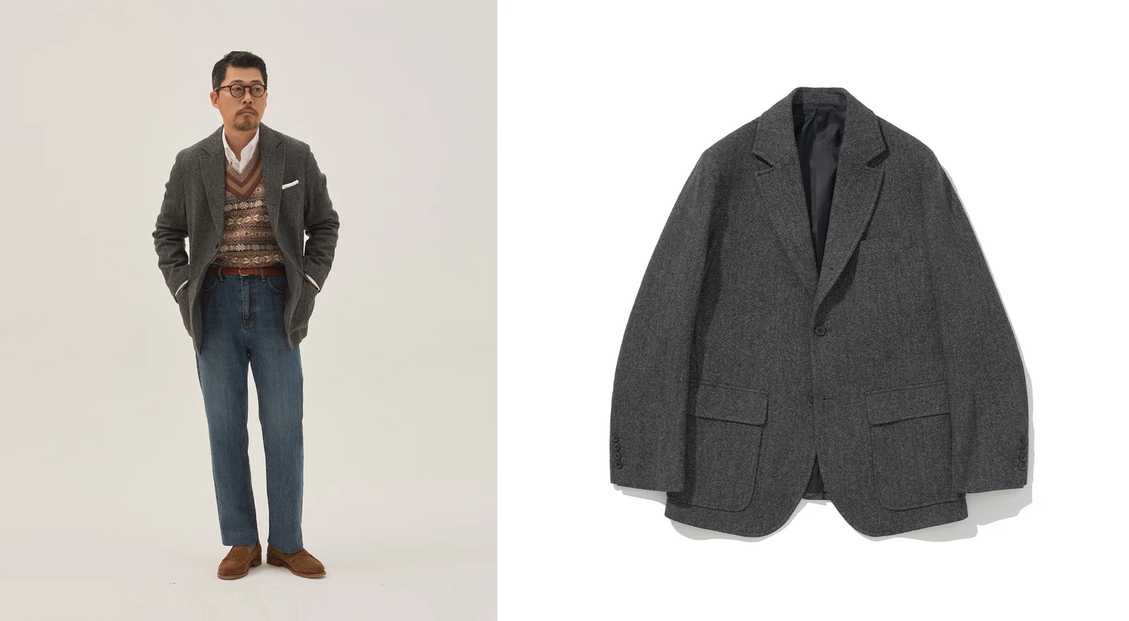 sport coat outfit 3 — full styled look with Renacts Herringbone Sack Cut Blazer Grey Fair Isle vest OCBD denim and suede penny loafer left next to the jacket product front view right