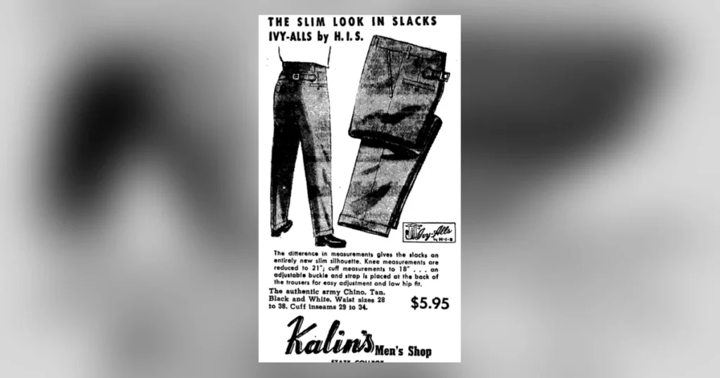 1958 H.I.S. Ivy-Alls cinch-back chinos newspaper ad — blurred background featured thumbnail