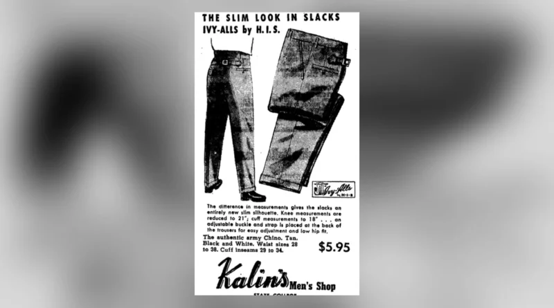 1958 H.I.S. Ivy-Alls cinch-back chinos newspaper ad — blurred background featured thumbnail
