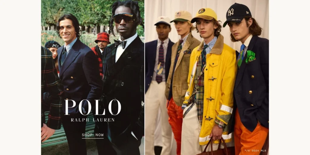 Ralph Lauren history thumbnail — Polo Ralph Lauren classic Prep campaign (left) and contemporary RL MLB collaboration (right) showing the Prep register Ralph Lauren has occupied across four decades since 1980