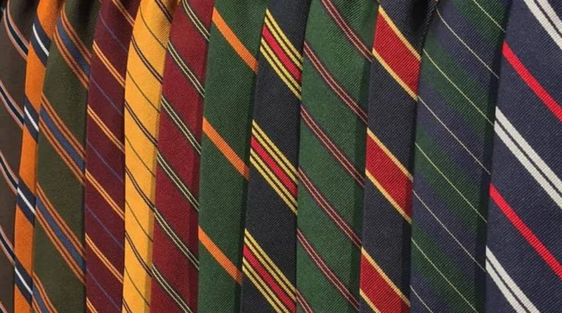 Repp silk history thumbnail — diagonal stripes in multiple colors gathered together, showing the ribbed repp weave that defines the category