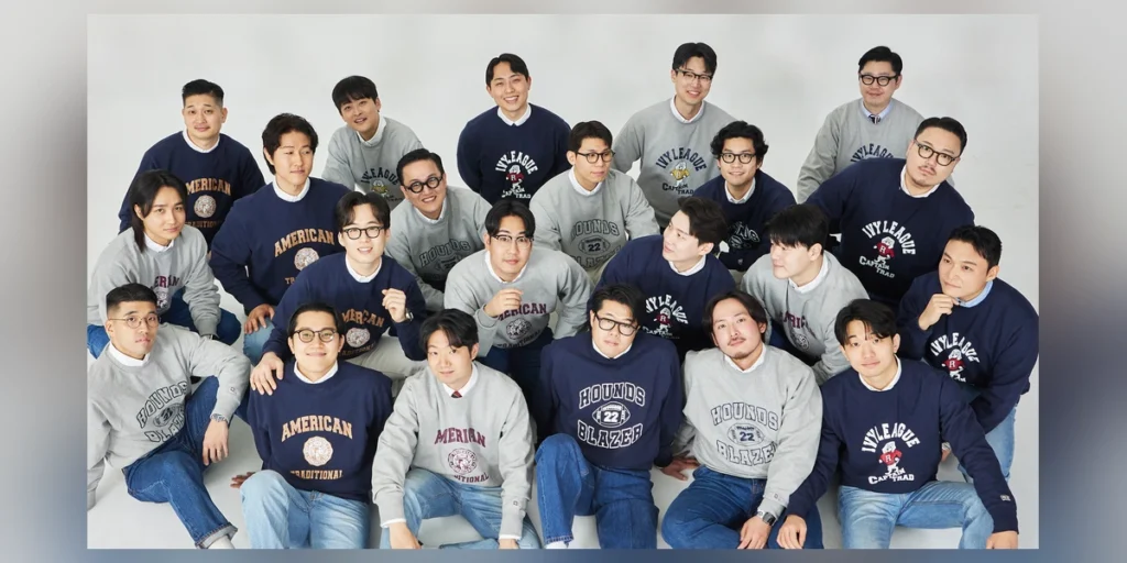 Reverse weave history thumbnail — Gentlemens Club final group portrait wearing Renacts collegiate sweatshirts at Seoul Traditional studio