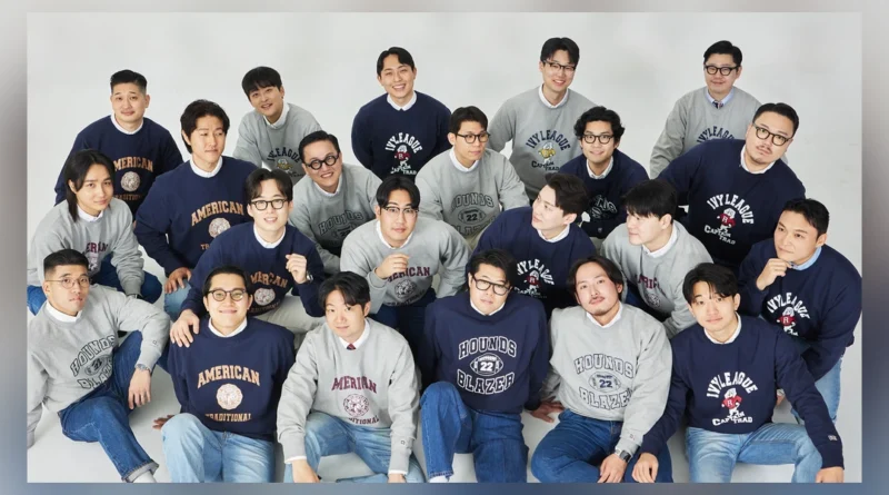 Reverse weave history thumbnail — Gentlemens Club final group portrait wearing Renacts collegiate sweatshirts at Seoul Traditional studio