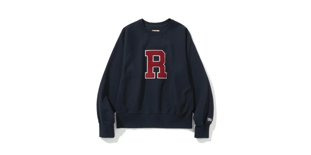 Reverse weave sweatshirt thumbnail — Renacts Letterman Ivy Sweatshirt Navy with chenille R house mark on clean white background