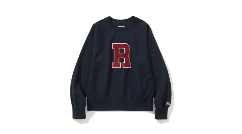 Reverse weave sweatshirt thumbnail — Renacts Letterman Ivy Sweatshirt Navy with chenille R house mark on clean white background