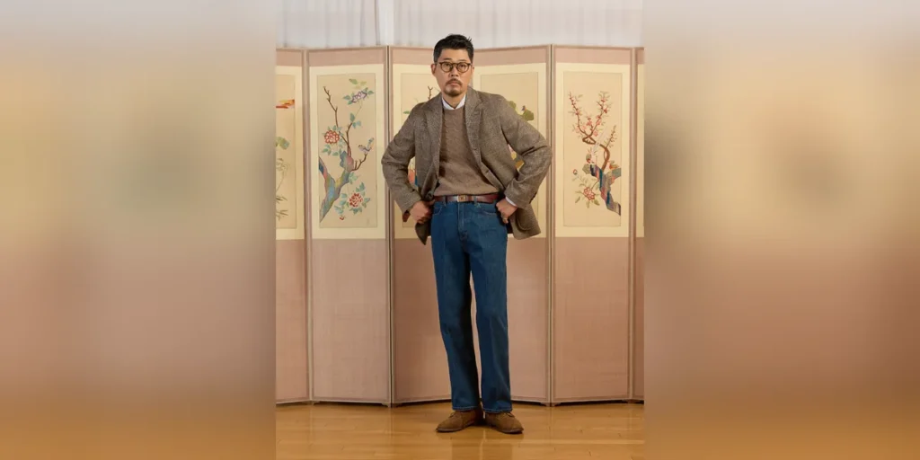 Sport coat outfits thumbnail — Renacts Abraham Moon Glen Check Tweed Sack Cut Blazer with crewneck cable knit OCBD denim and suede derby on a hanok screen backdrop
