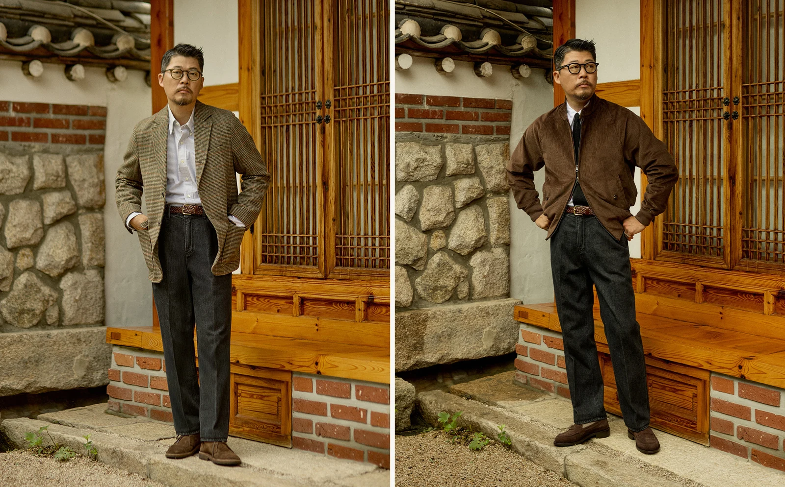 trad denim Black with jacket pair: gun club check blazer + OCBD + desert boots (left), brown harrington + OCBD + black tie + suede penny (right)