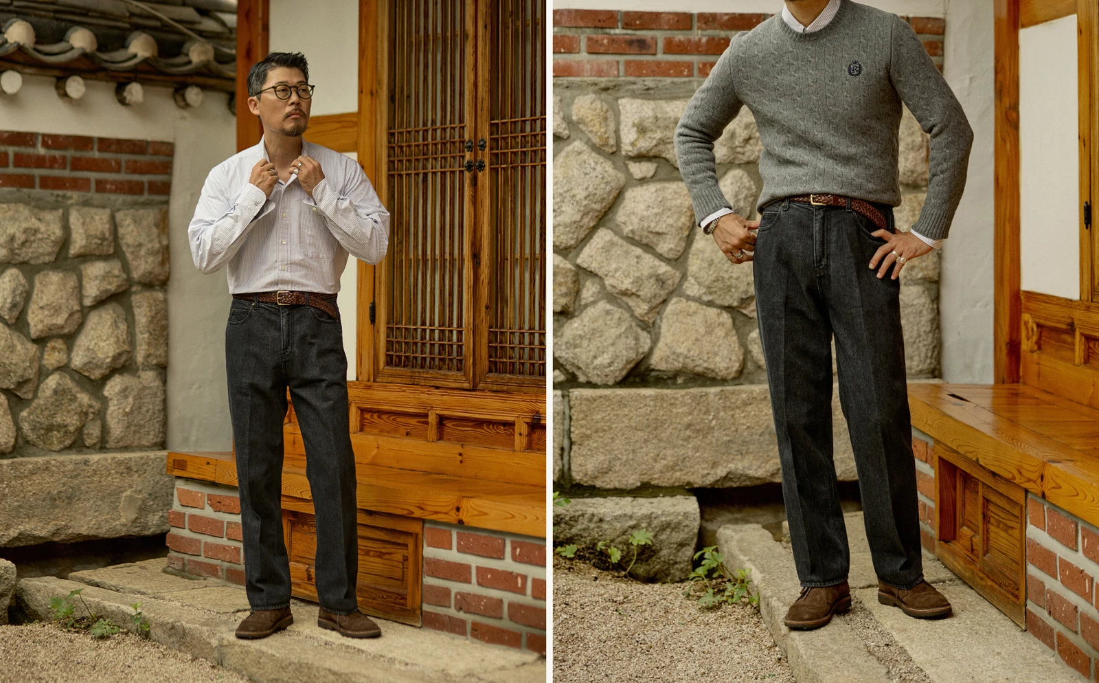 trad denim Black knit register pair: OCBD alone with desert boots (left), crewneck cable knit added (right)