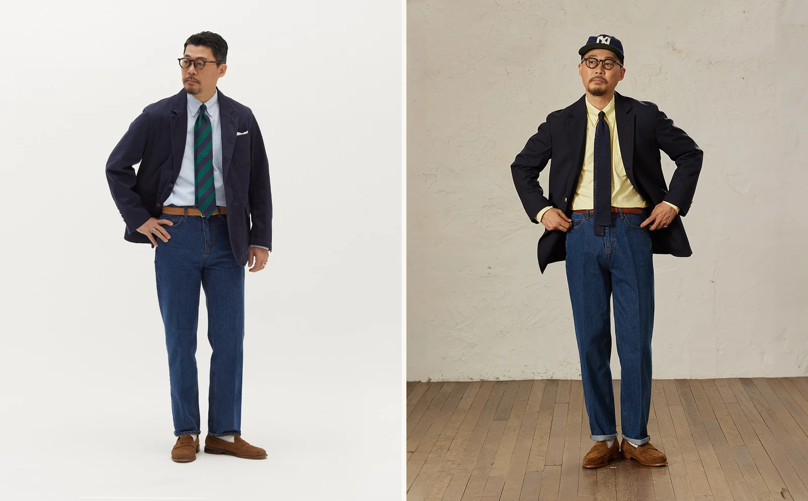 trad denim D.Blue with blazer and tie pair: navy corduroy blazer + regimental tie (left); navy gold-button blazer + knit tie + ball cap (right)