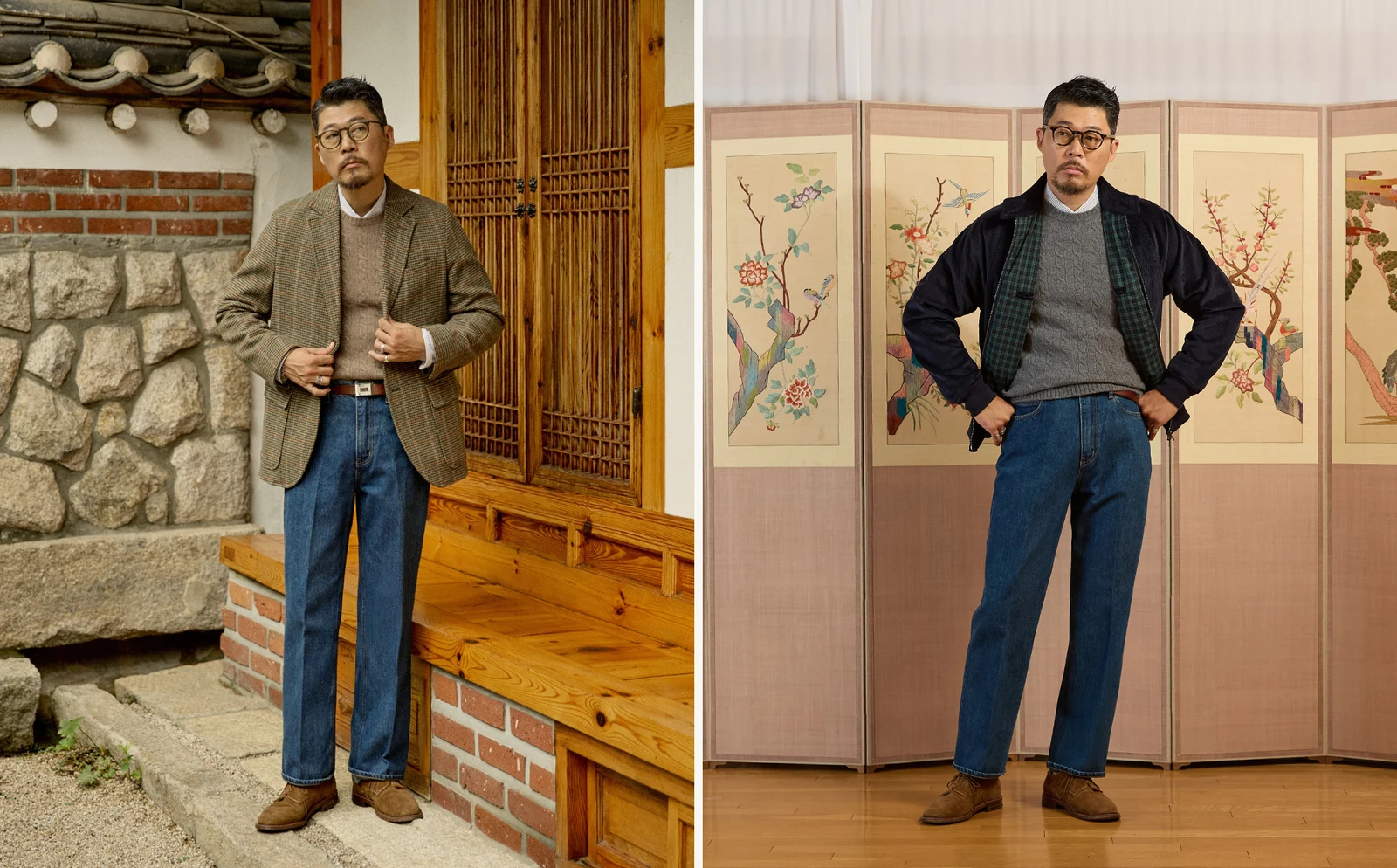 trad denim D.Blue with cable knit pair: gun club check blazer + crewneck cable + OCBD + suede derby (left), navy corduroy harrington + same cable layering (right)
