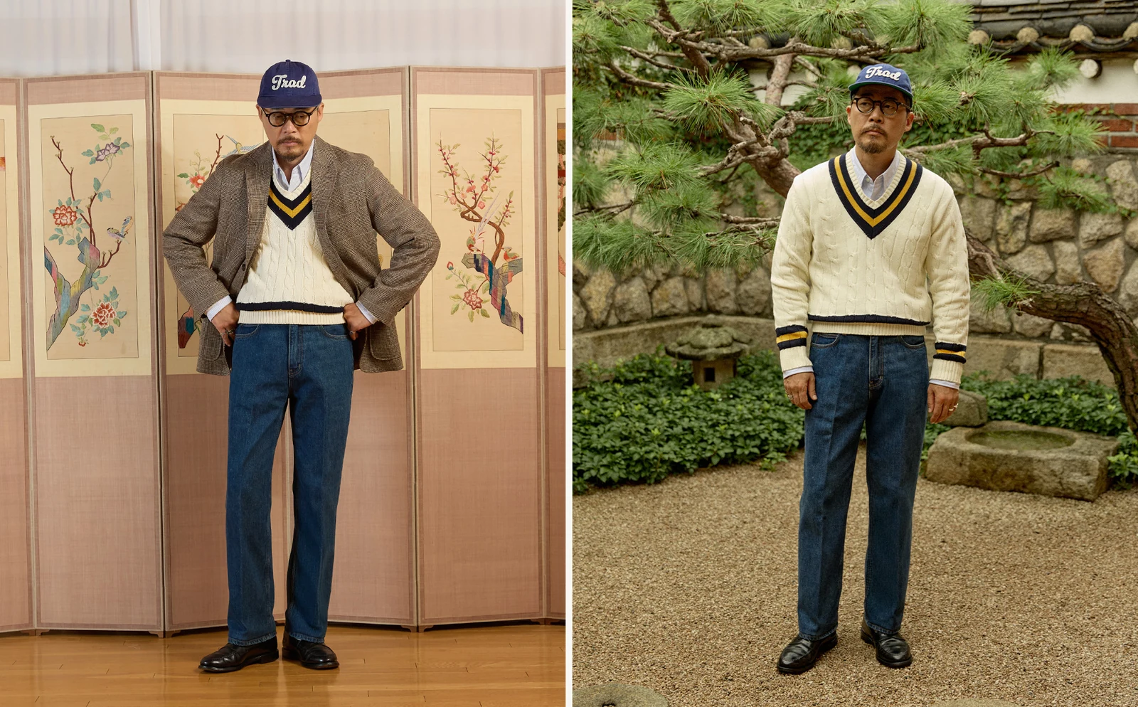 trad denim D.Blue with cricket sweater pair: glen check blazer over cricket knit (left), cricket knit alone (right), both with ball cap and black penny loafers
