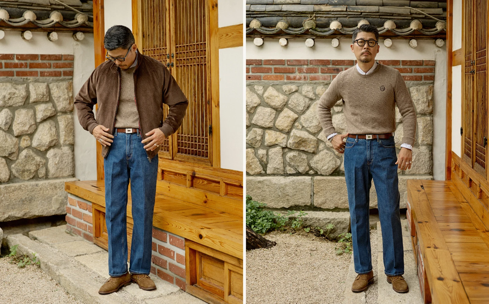 trad denim D.Blue knit register: brown corduroy harrington over crewneck cable (left), crewneck cable alone (right), both with OCBD and suede derby