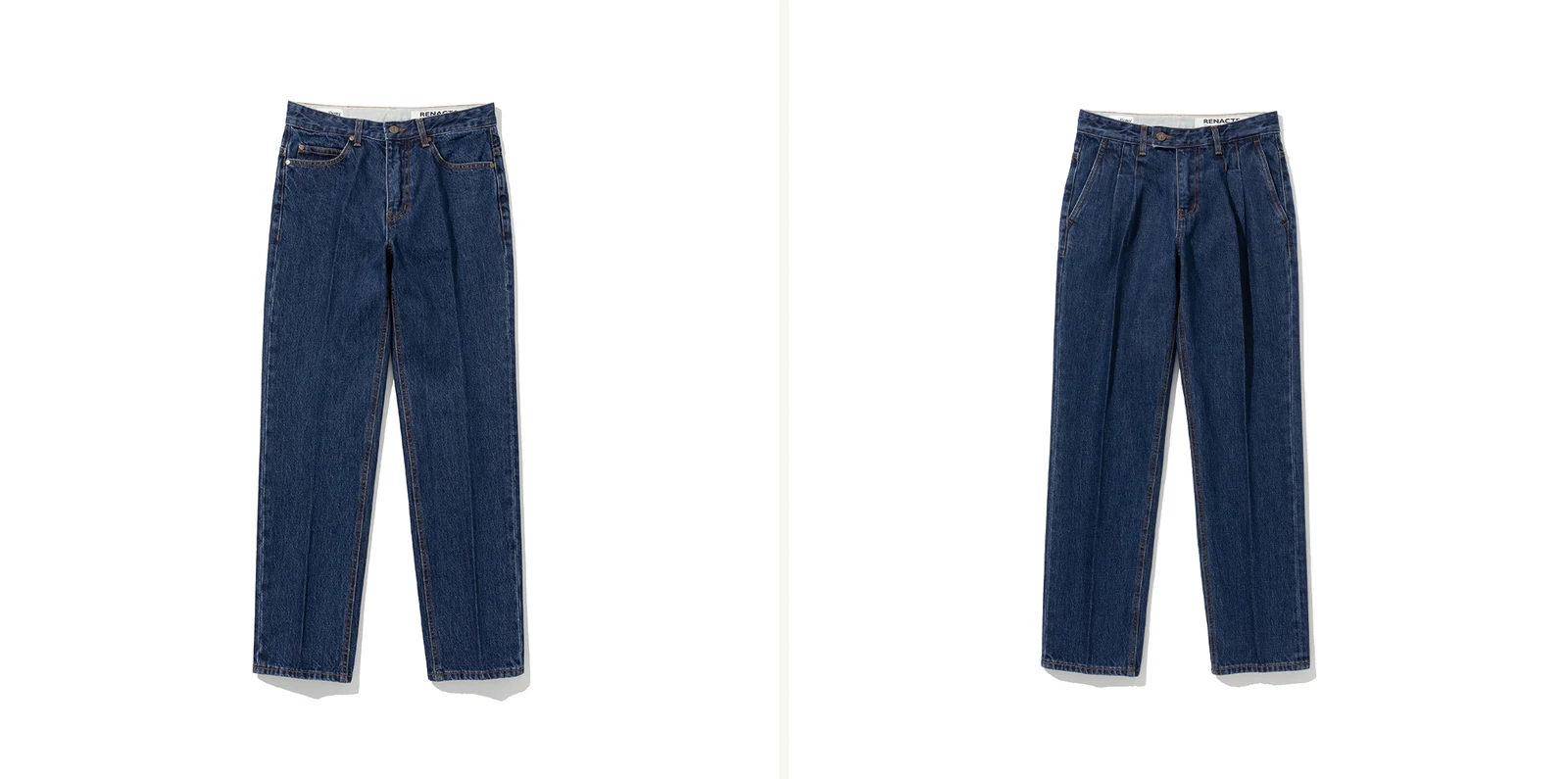 trad denim D.Blue hero pair: Renacts Tailored Straight (left) and Two Tuck Tailored Straight (right) in D.Blue, single pleat vs flat front comparison