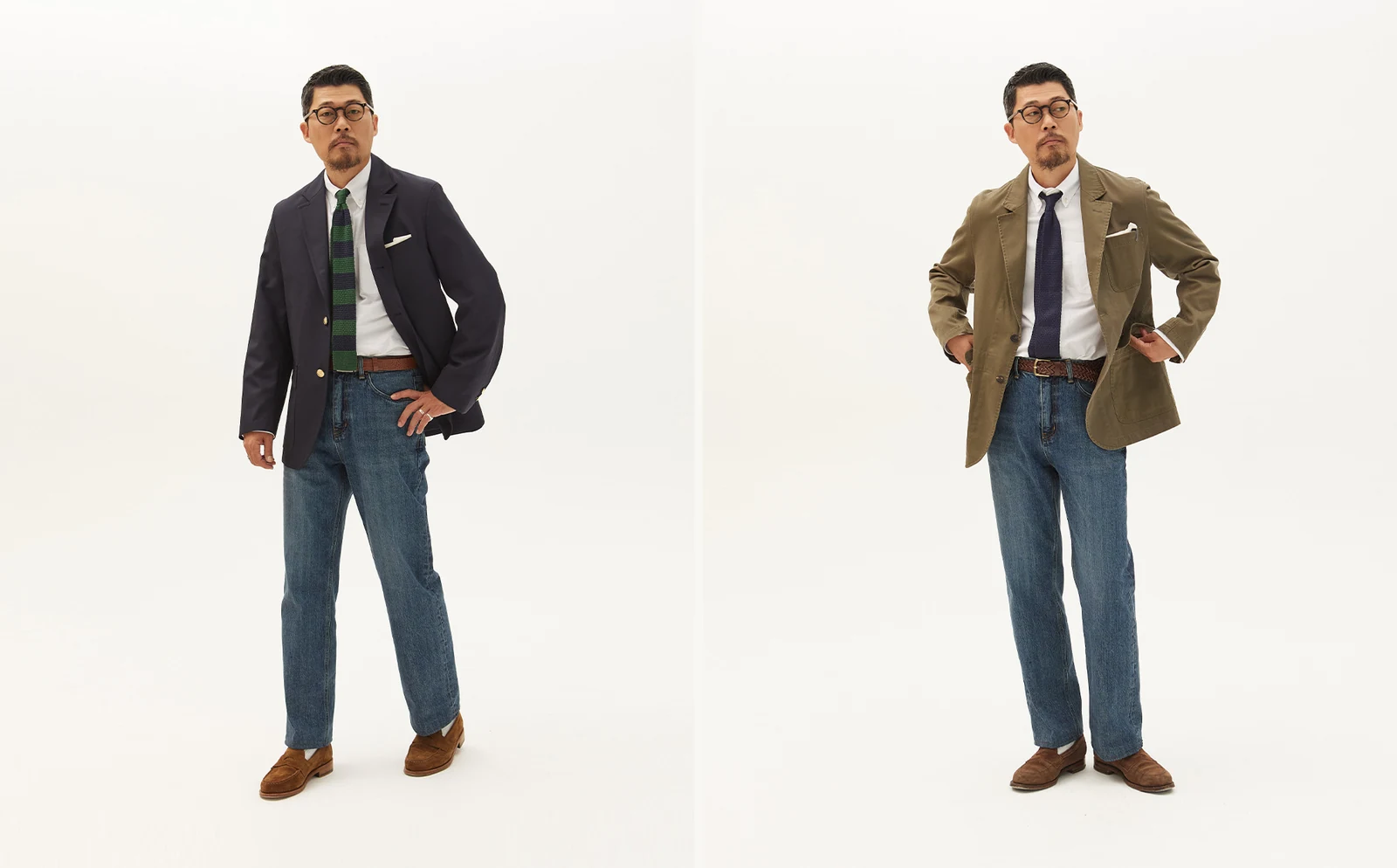 trad denim D.Blue Cat blazer color pair: navy gold-button blazer (left), olive blazer (right), both with OCBD knit tie suede penny