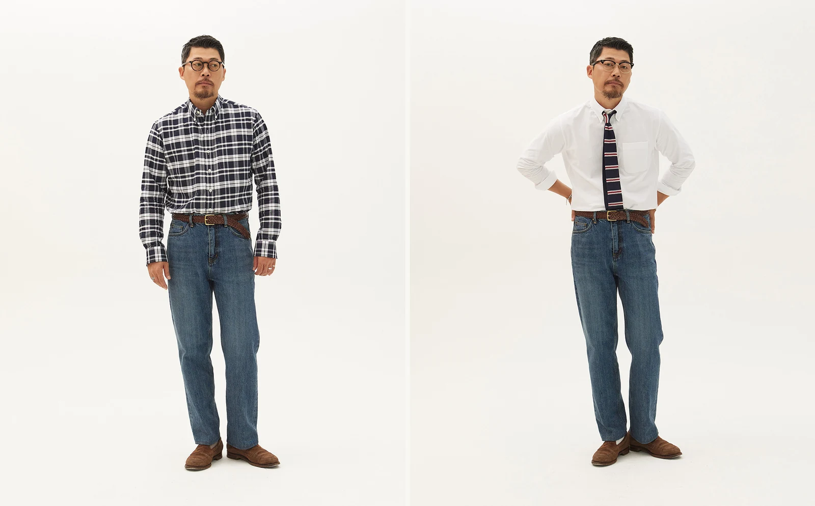 trad denim D.Blue Cat without jacket pair: madras shirt (left), OCBD with knit tie (right), both with suede penny loafer