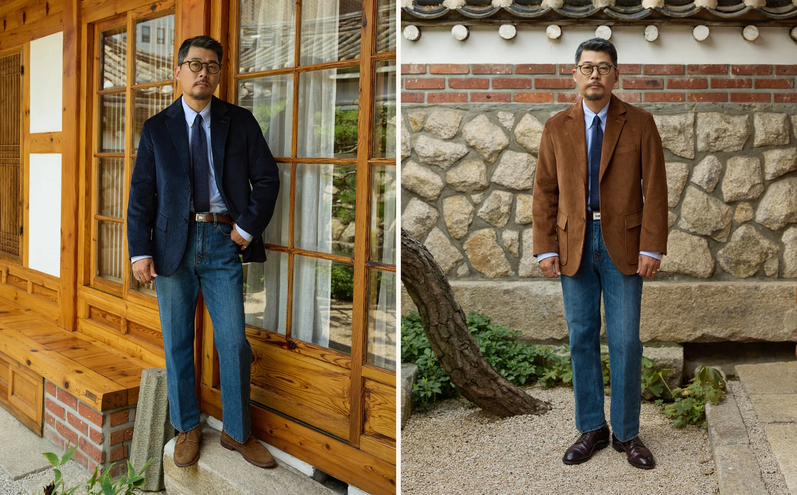 trad denim D.Blue Cat with corduroy blazer pair: navy corduroy (left) and brown corduroy (right), both with OCBD, knit tie, brown derby