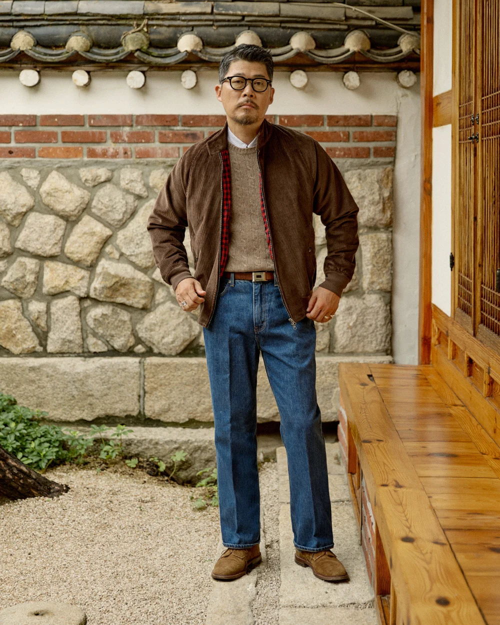 trad denim D.Blue Cat with brown harrington jacket and crewneck aran knit, OCBD and brown suede derby